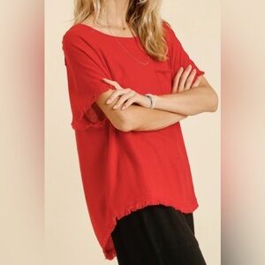 Umgee Red Frayed Hem Blouse